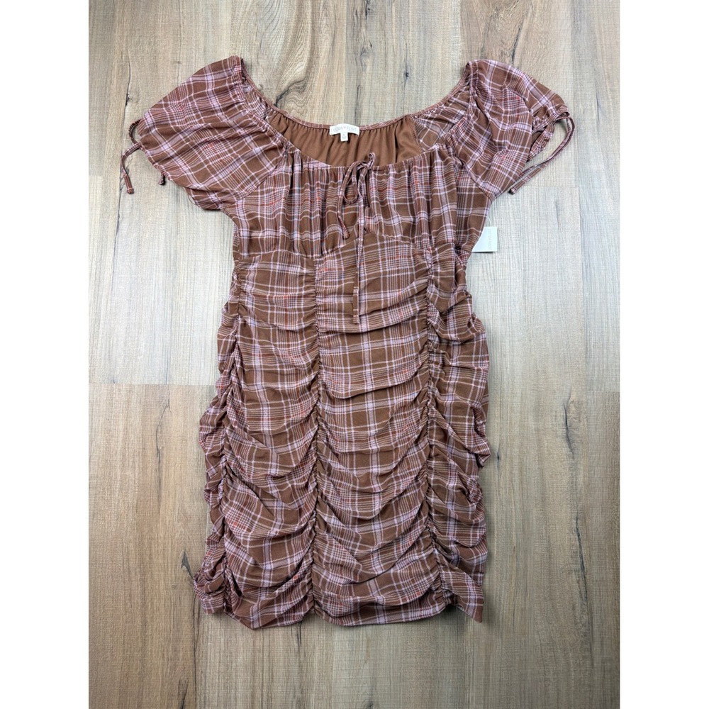 Ultra Flirt Womens Brown Pink Plaid Ruched Bodycon Mini Dress XL RK517333 NWT